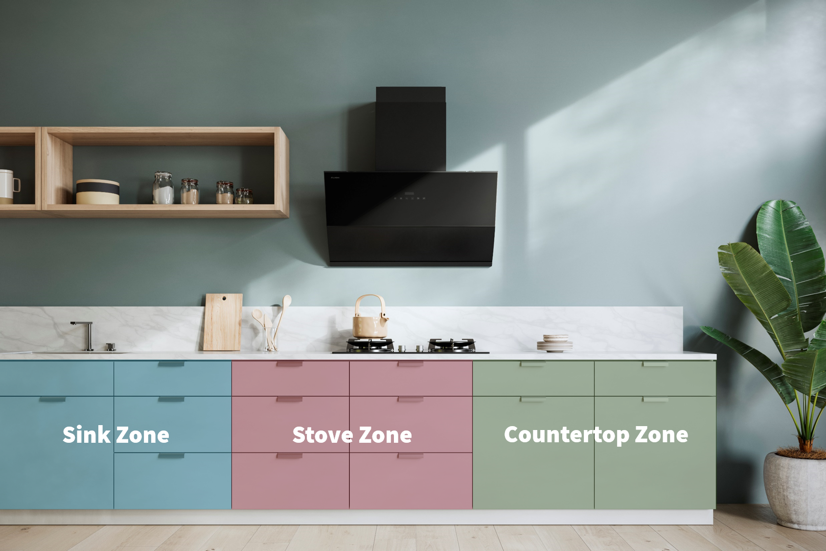 The fundamental concepts: Divide the kitchen area into zones and group items according to their frequency of use
